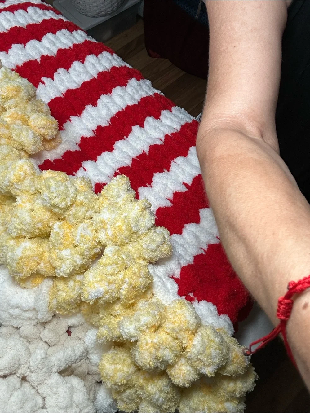 Hand Crafted Red White & Yellow Pom-Pom Decorative Throw Accent
